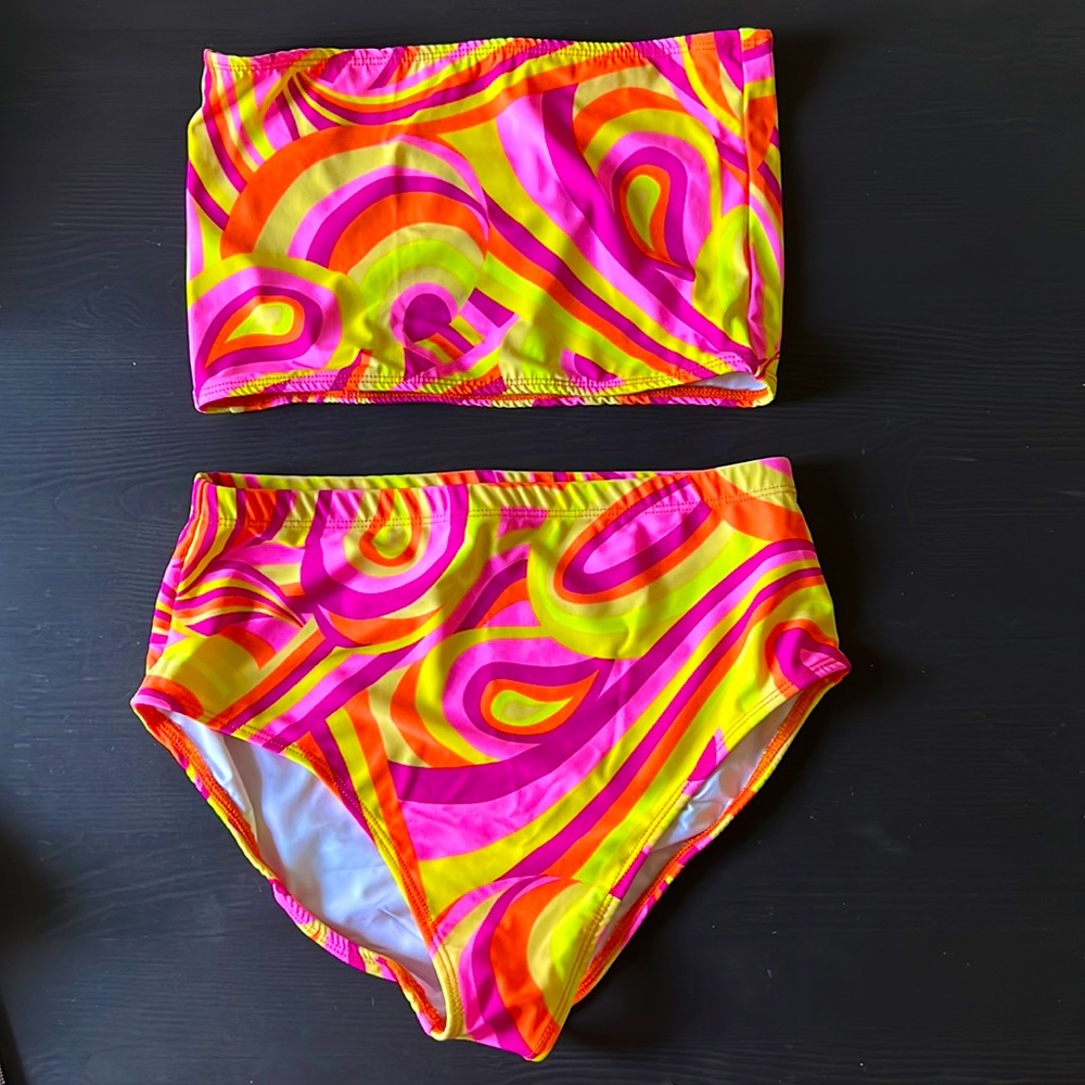 Neon Swirl High-Waist Bandeau Bikini - Yellow & Pink